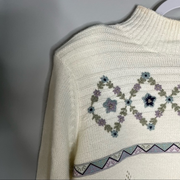 Alfred Dunner White Floral Ugly Sweater Size Petite Large Mockneck Vintage - Picture 2 of 9